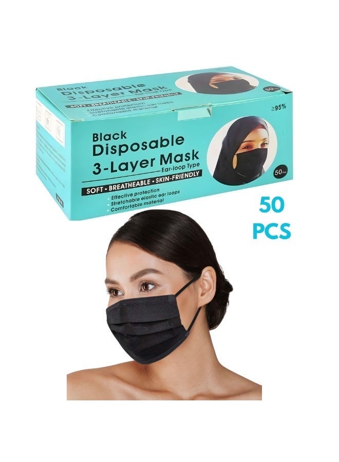 50 قطعة كمامة وجه للاستخدام مرة واحدة، للجنسين، للبالغين، كمامة وجه ثلاثية الطبقات مع حلقة أذن مرنة - أسود (غير طبي) - Image 1